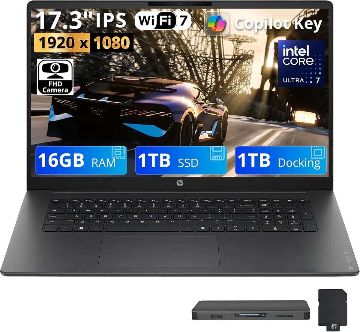 HP HP OmniBook 3 17.3" FHD IPS business laptop, Core Ultra 7 255U, 16GB DDR5, 1TB SSD, Mica Silver — product photo
