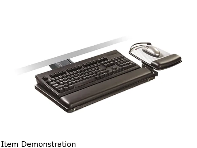 Black and red sit-stand keyboard tray with adjustable arm, gel wrist rest and mouse platform