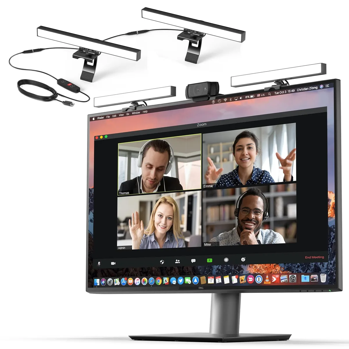 Two slim LED bars mounted on a monitor top with USB cable