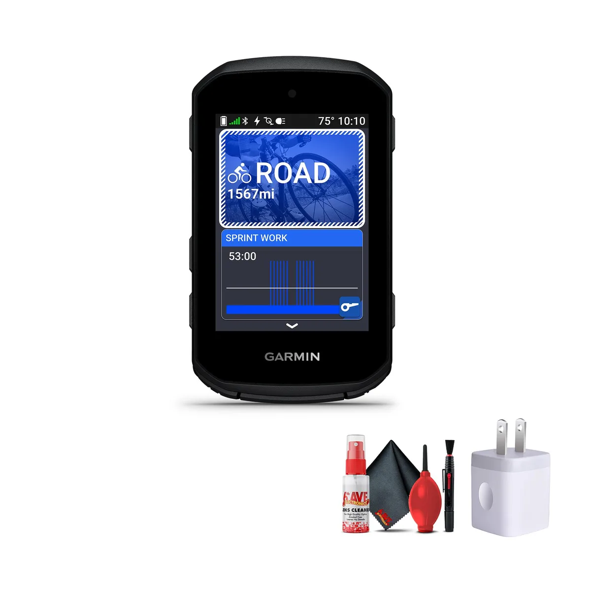 Compact GPS cycling computer with color display and button controls, shown with cleaning kit and USB wall charger