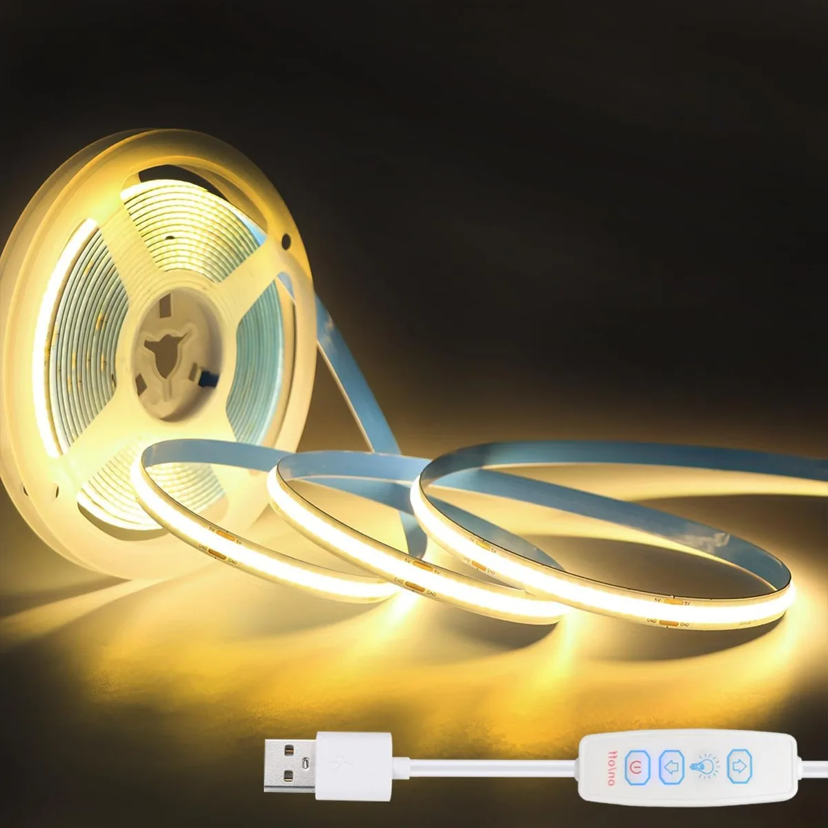 White COB LED strip light on a reel with USB connector and 3-button controller