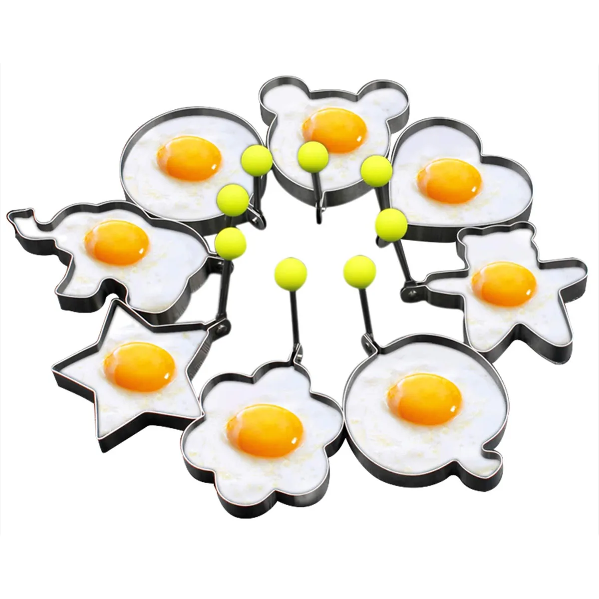 Eight stainless steel egg rings with handles on a surface