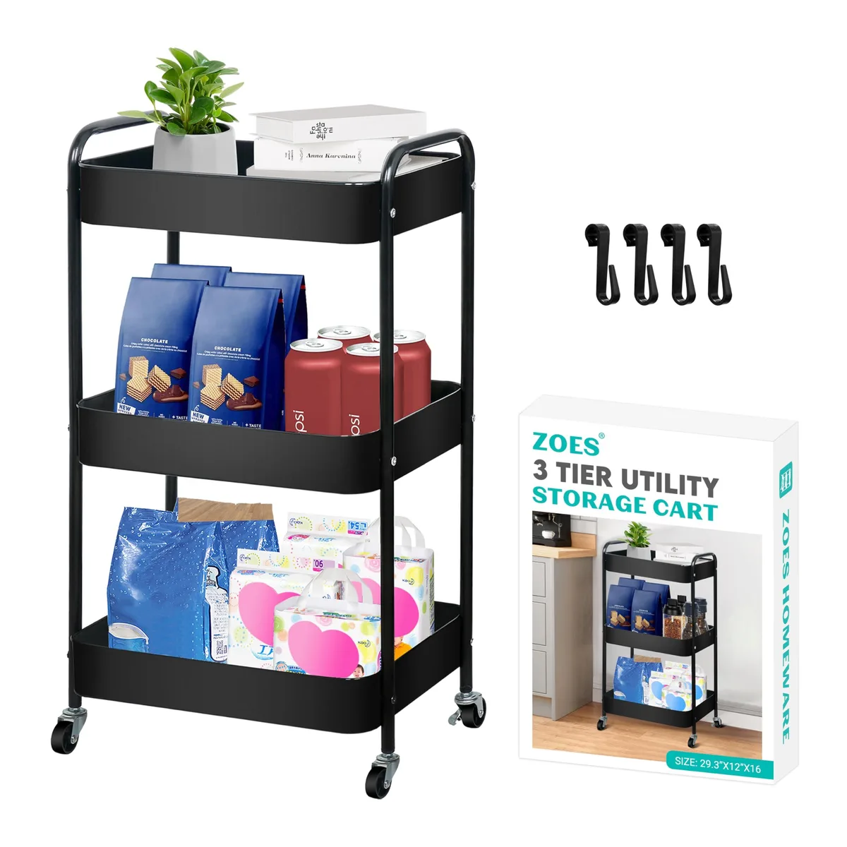  ZOES HOMEWARE UC-New-Black 3-Tier Rolling Cart 16x12x29.3in Black — product photo