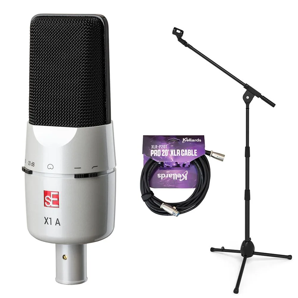 SE SE X1 A Cardioid Condenser Microphone White 25th Anniversary Bundle with Cable and Stand — product photo