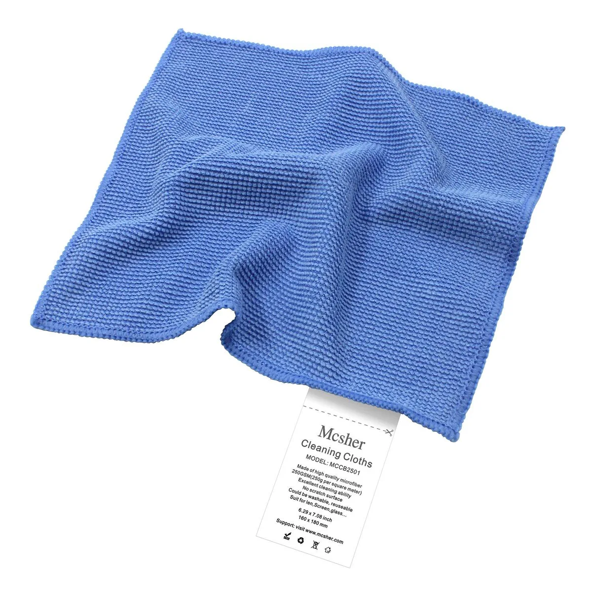 Six blue microfiber cloths, each 6 by 7 inches, individually bagged