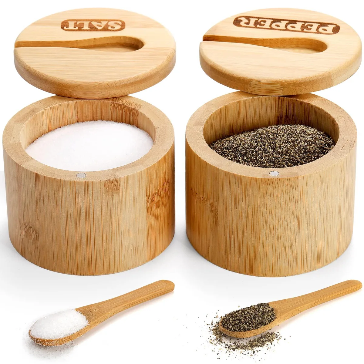 Two round natural bamboo salt boxes with magnetic swivel lids and built-in spoons, 8.9 cm diameter
