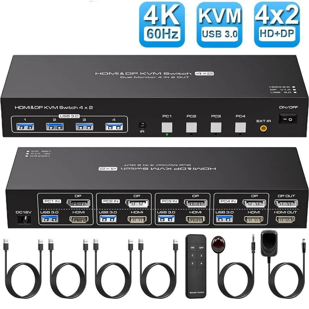 LUOM LUOM SW244-1DP1HD 4-Port 2-Monitor KVM Switch 4K 60Hz USB 3.0 — product photo