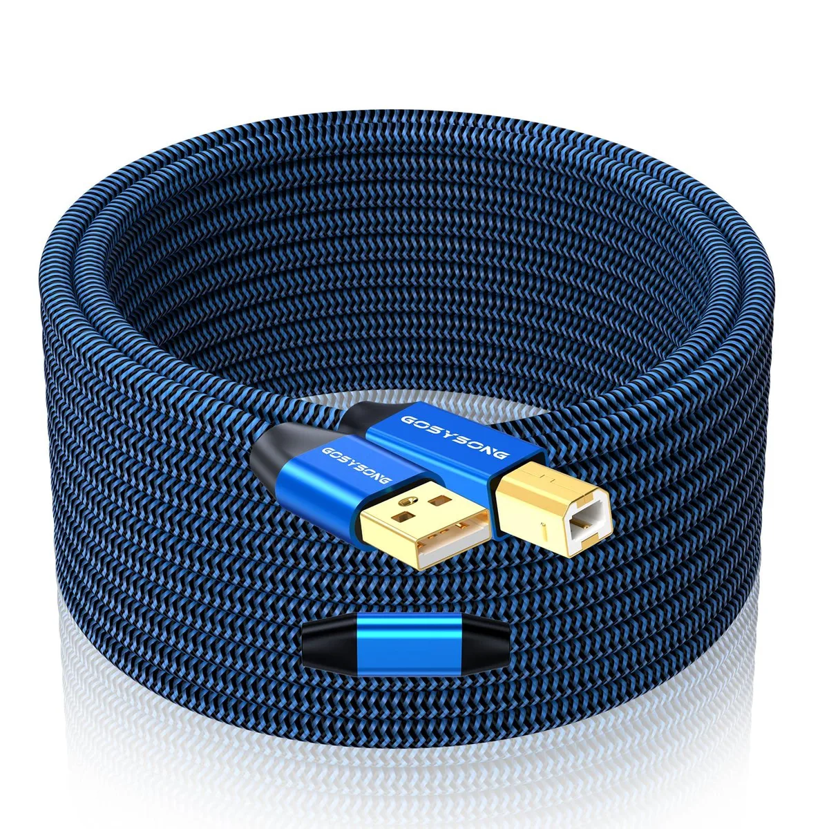 Blue 40 ft active USB A to B cable with braided nylon jacket and gold-plated connectors