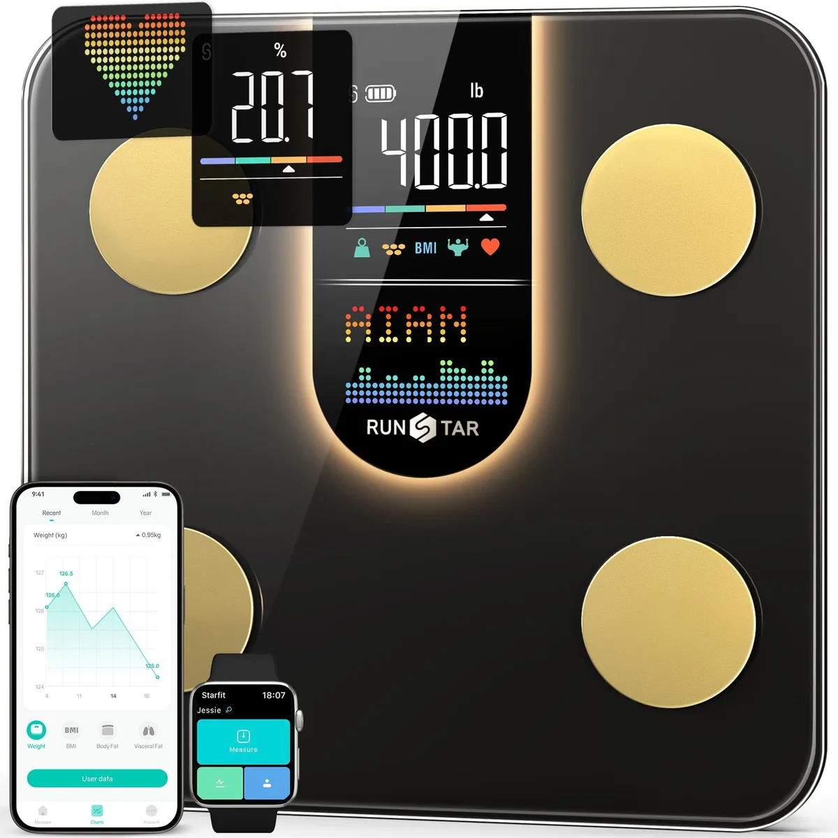 Black square floor scale with large VA display, 28 cm sides, 2.8 cm thick