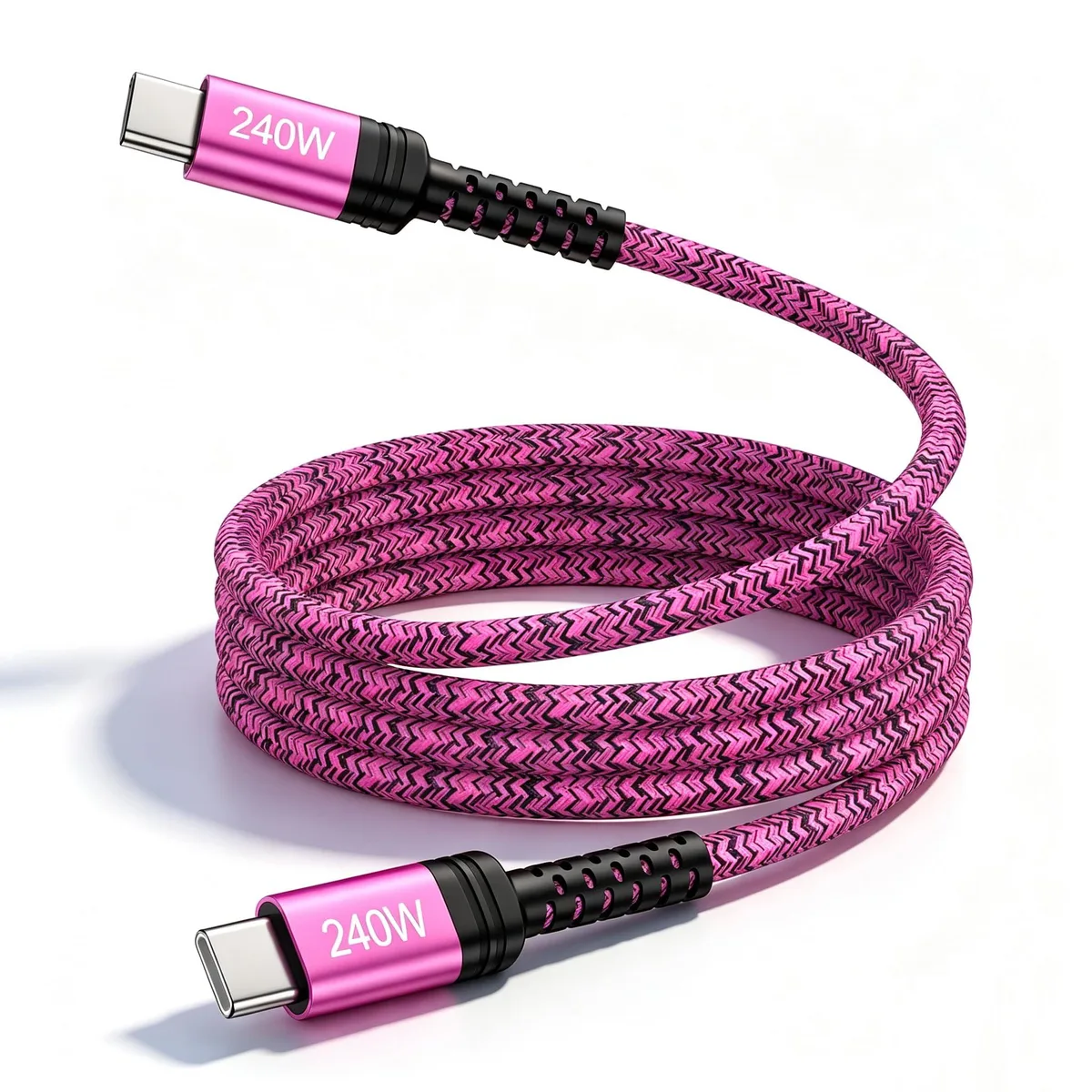 Orange nylon-braided USB-C to USB-C cable, 3 ft long with sturdy connectors