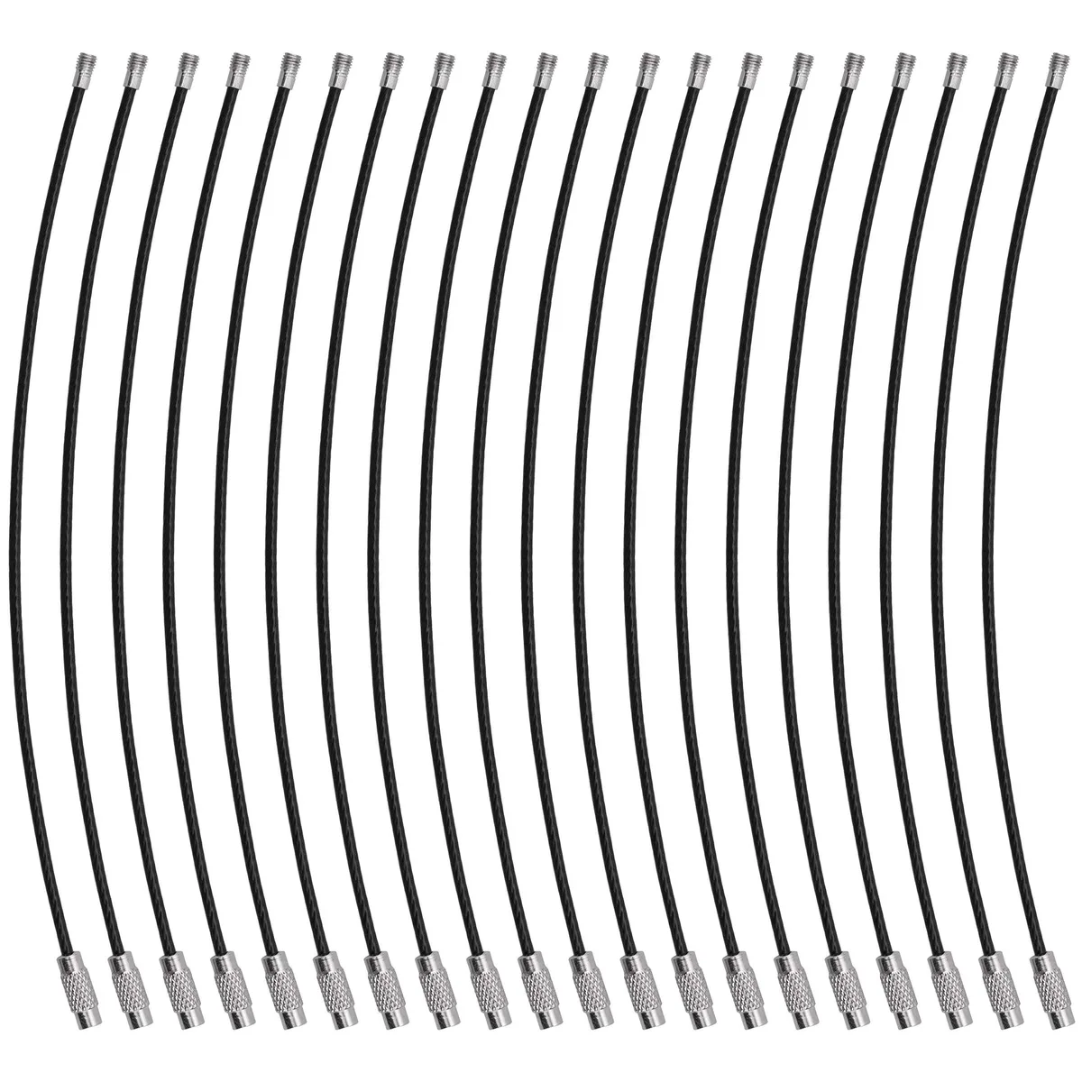 Twenty black nylon-covered stainless steel wire loops with threaded barrel connectors, each 6.3 inches long and 2mm thick