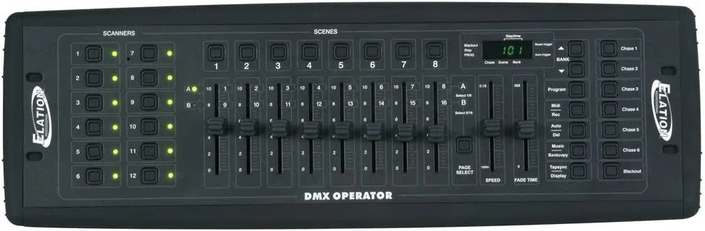Rectangular black lighting controller with 8 faders, buttons and a 3-pin XLR port