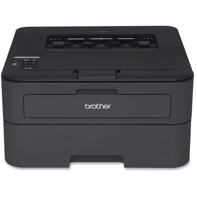 White rectangular desktop laser printer with front paper tray and top output slot