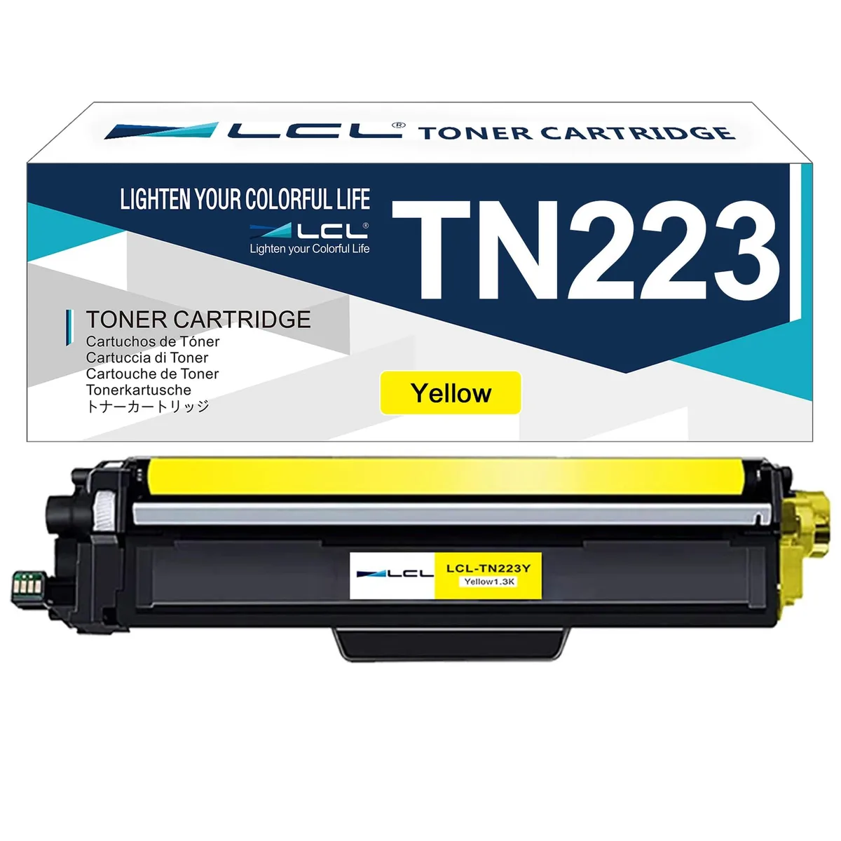 Yellow toner cartridge in a rectangular plastic shell with a green circuit chip visible on one side