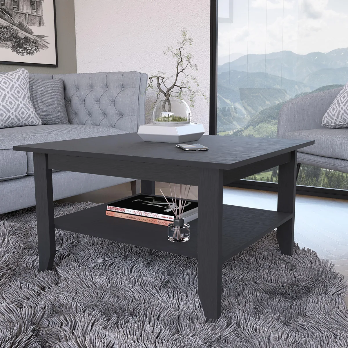 Black particle board coffee table with two-tier rectangular shelves