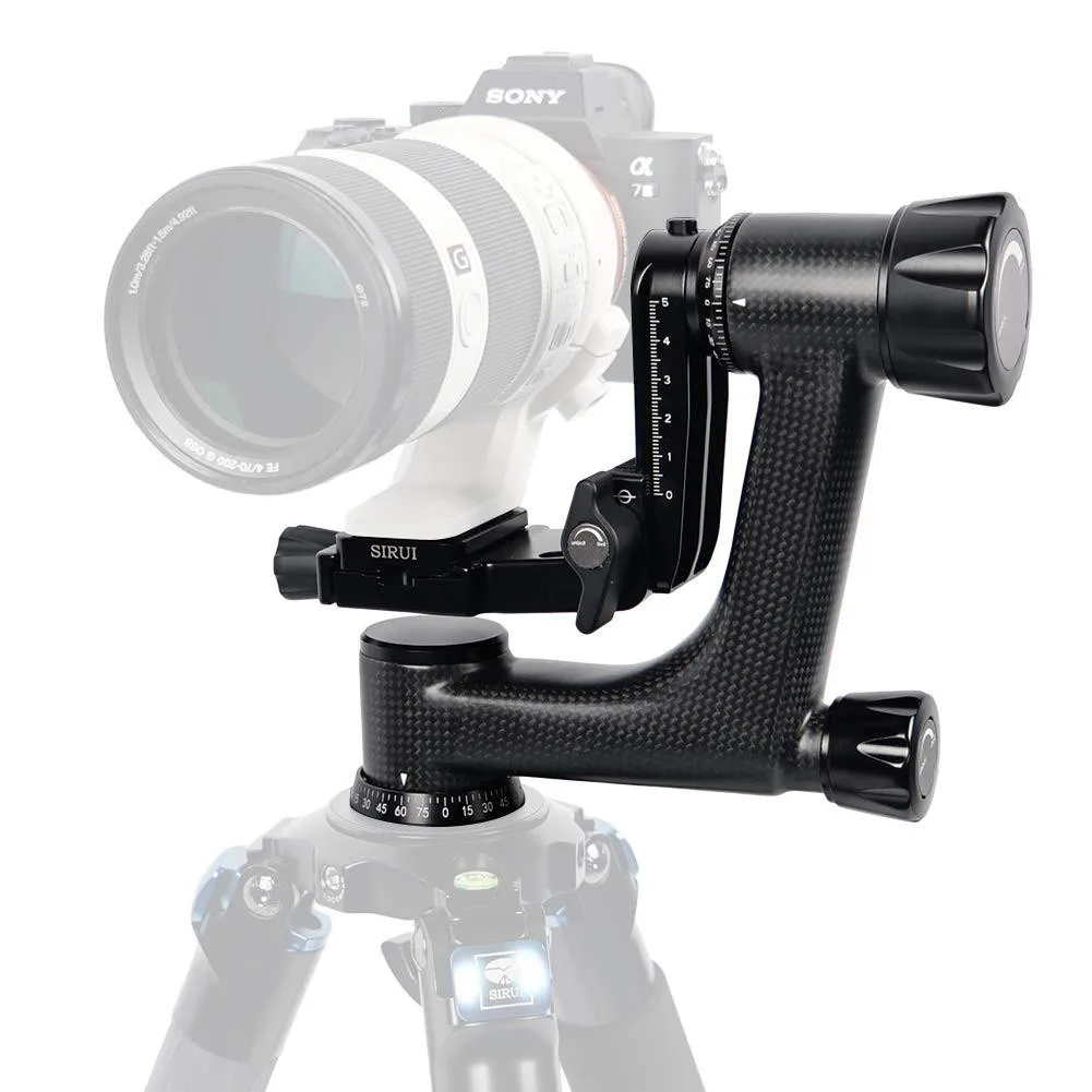 Lightweight carbon fibre gimbal head with quick release plate and independent locking knobs