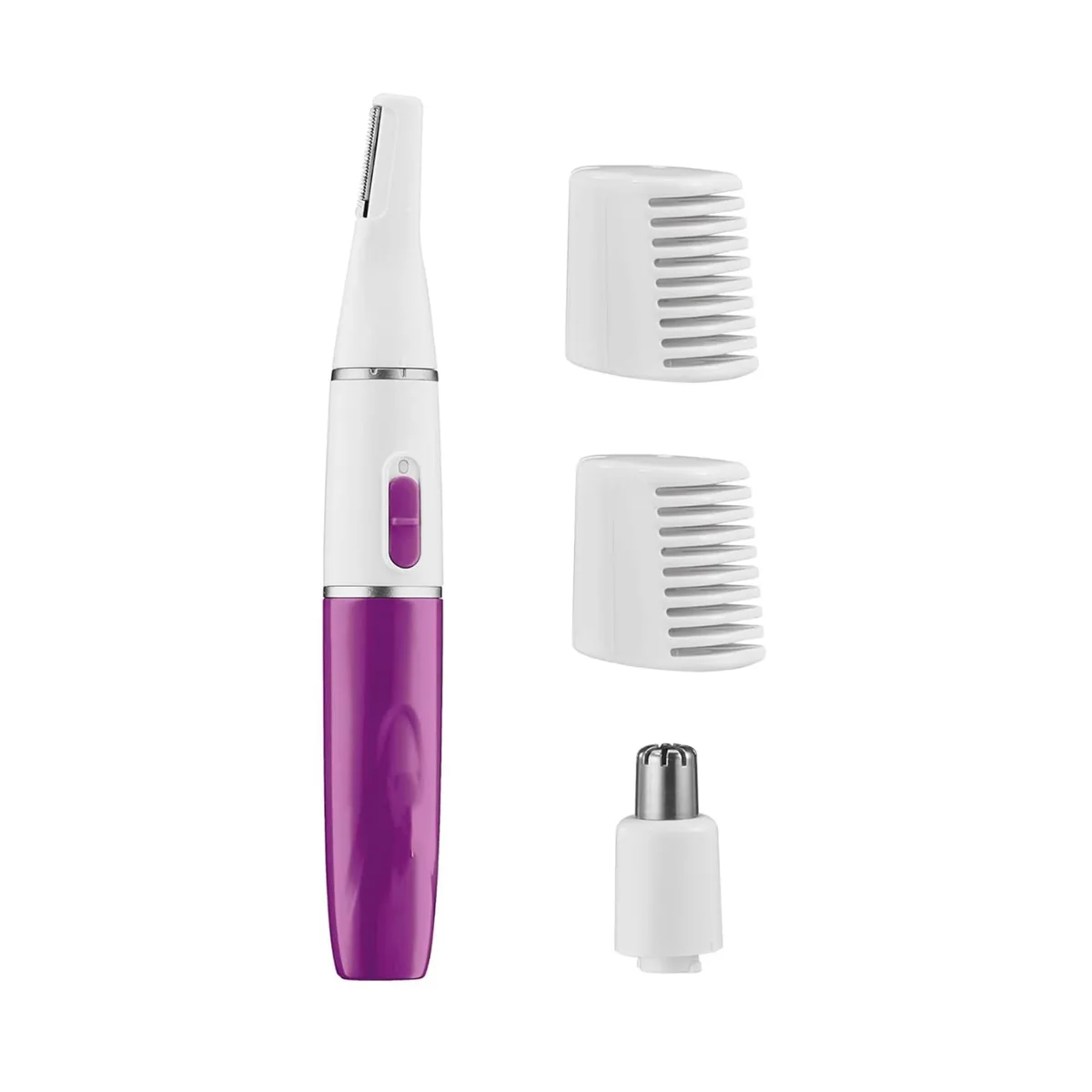 Pink foil shaver with metal trimmer head, white body, slim pen shape, battery powered
