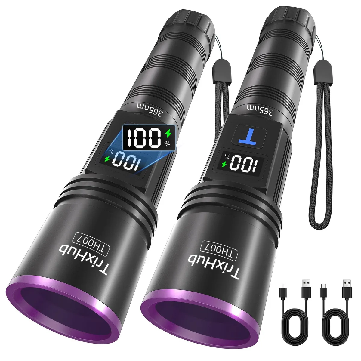 Two black aluminum UV flashlights with LCD screens side by side