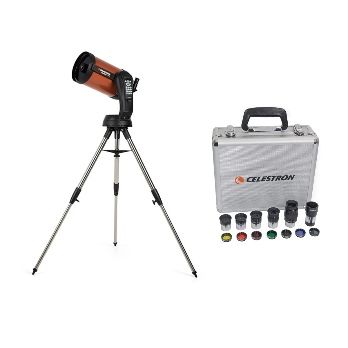 Orange Schmidt-Cassegrain tube on fork arm mount with tripod and accessory tray