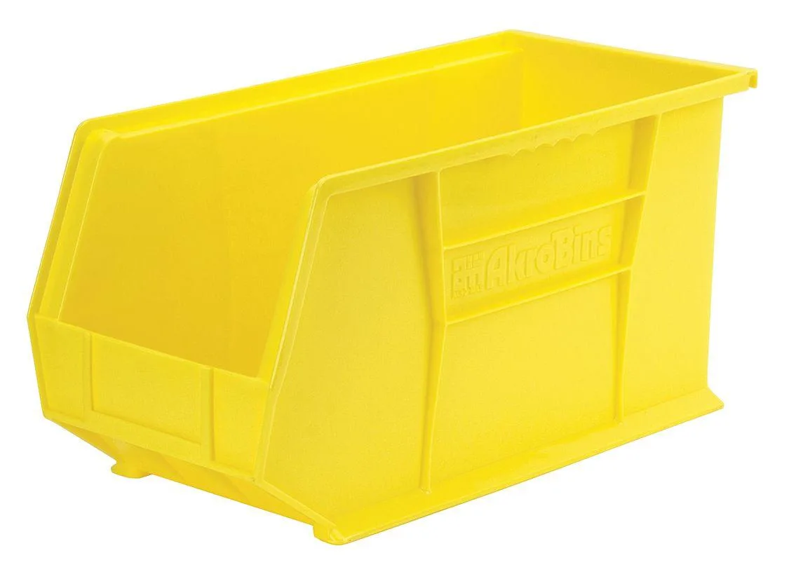 Yellow plastic hang-and-stack storage bin with label slots and divider slot, 18 inches long