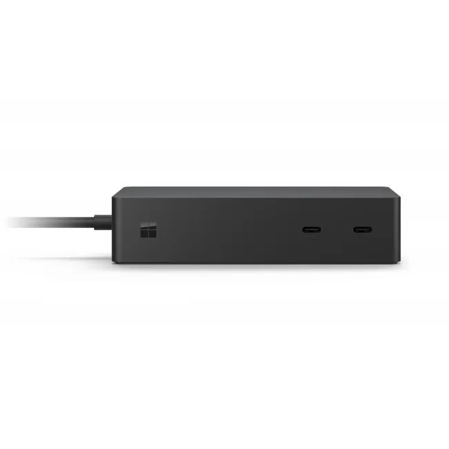 A compact black rectangular dock with front and rear ports and a tethered cable
