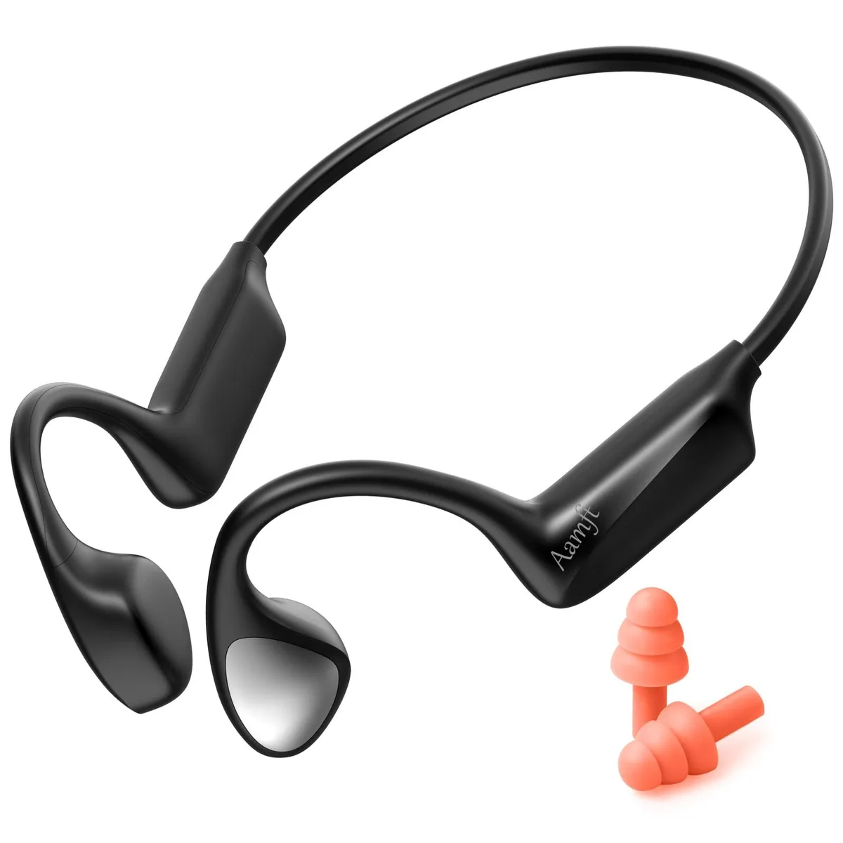 White open-ear bone conduction headphones with wraparound titanium frame, ear hooks and inline microphone