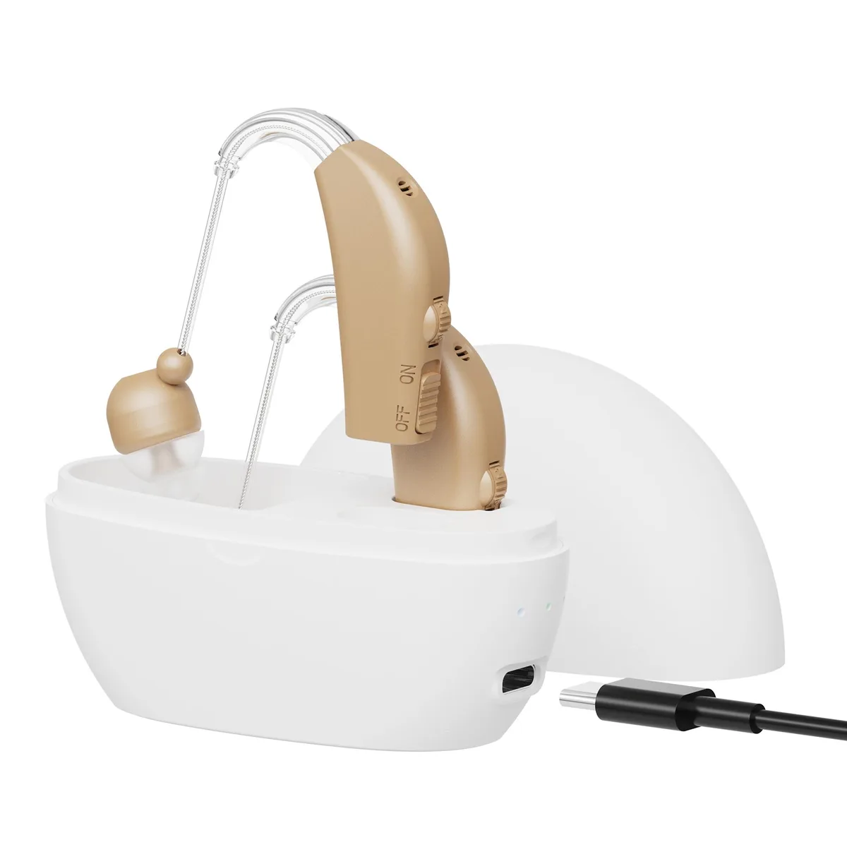 Beige behind-the-ear hearing amplifiers in a set