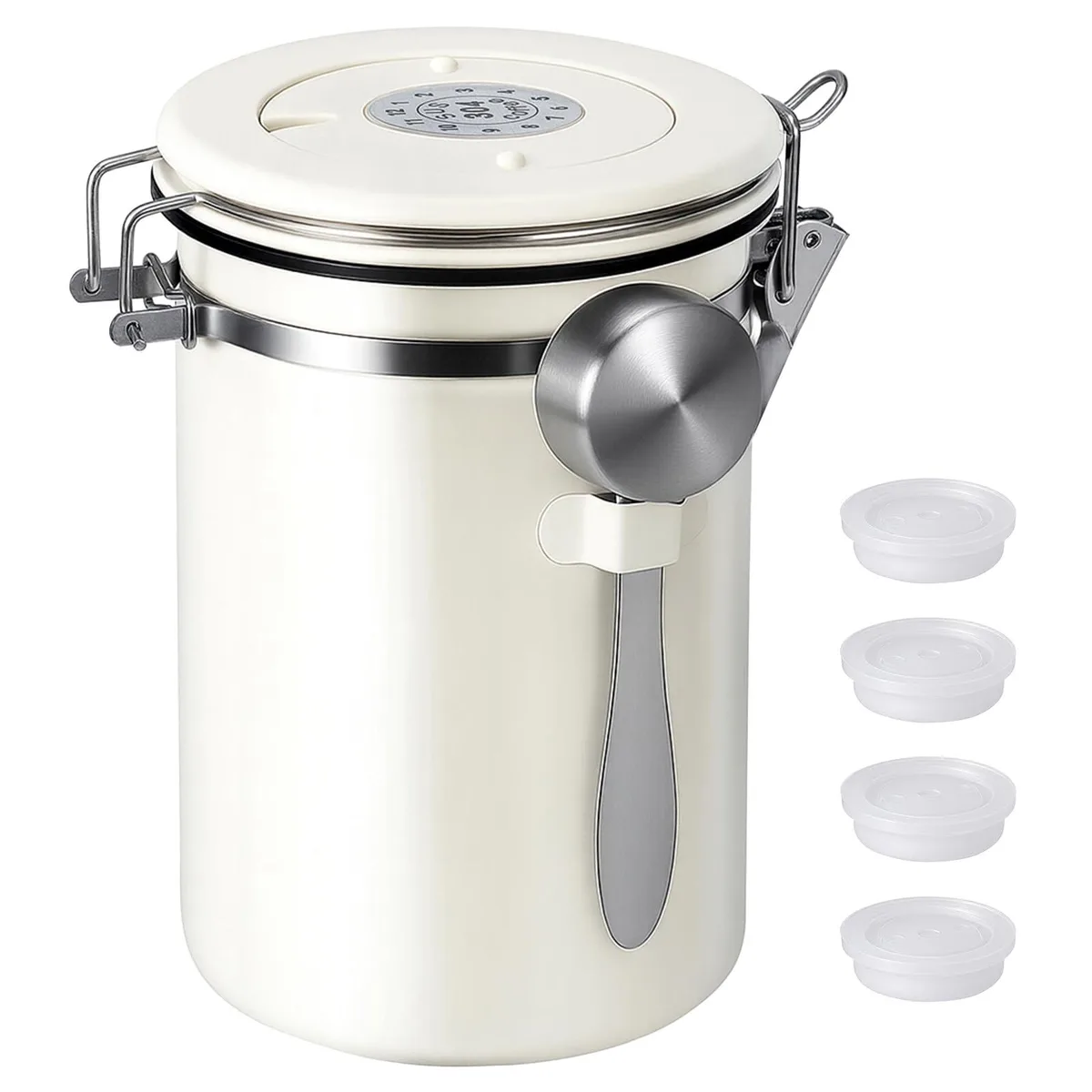 Beige cylindrical stainless steel canister with date dial on lid and side-mounted scoop