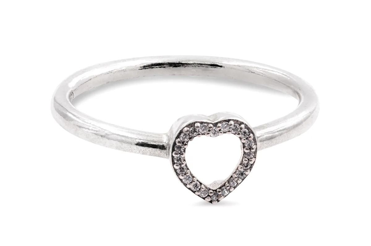 Sterling silver heart-shaped ring with cubic zirconia accents
