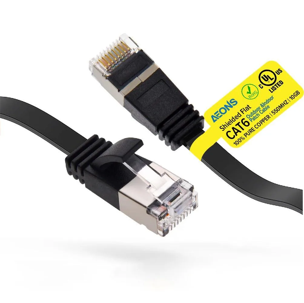  AEONS Cat 6 Flat Shielded Ethernet Cable 1 ft Black .11 in 10Gbps UL — product photo