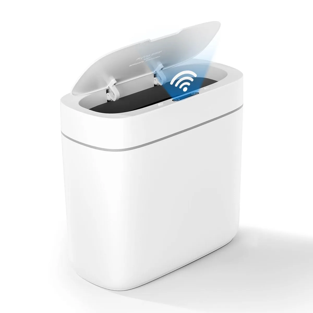 Three slim white touchless trash cans with motion sensor lids
