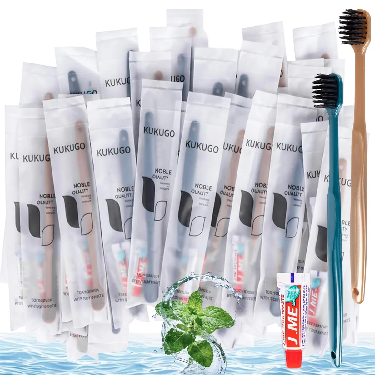 Green disposable toothbrushes with toothpaste, 40 individually wrapped packs, soft bristles, compact travel size