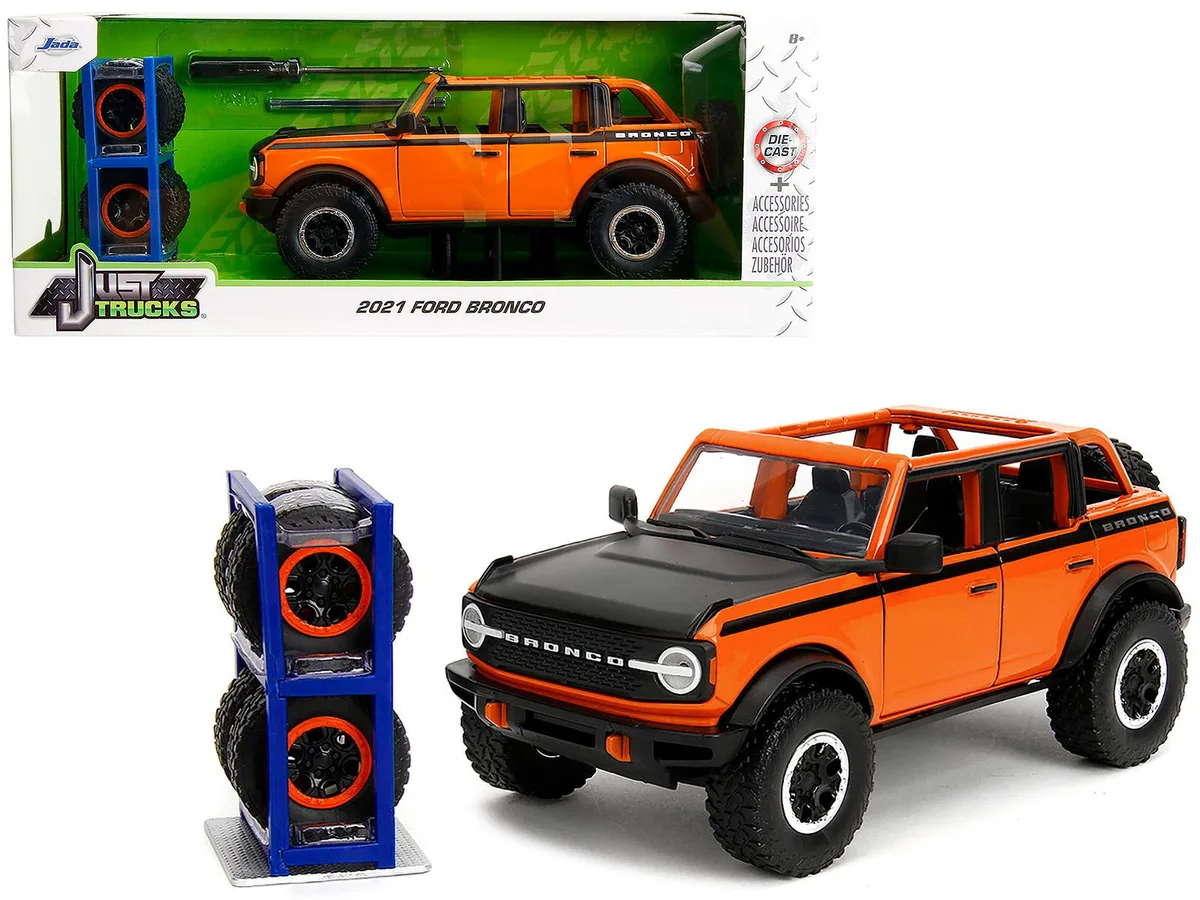Jada Jada 2021 Ford Bronco Open-Top Orange Black Stripes Hood Extra Wheels Just Trucks 1/24 Diecast — product photo