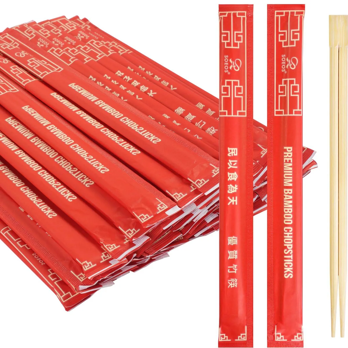 Box of 100 individually wrapped bamboo chopstick pairs, 9 inches long