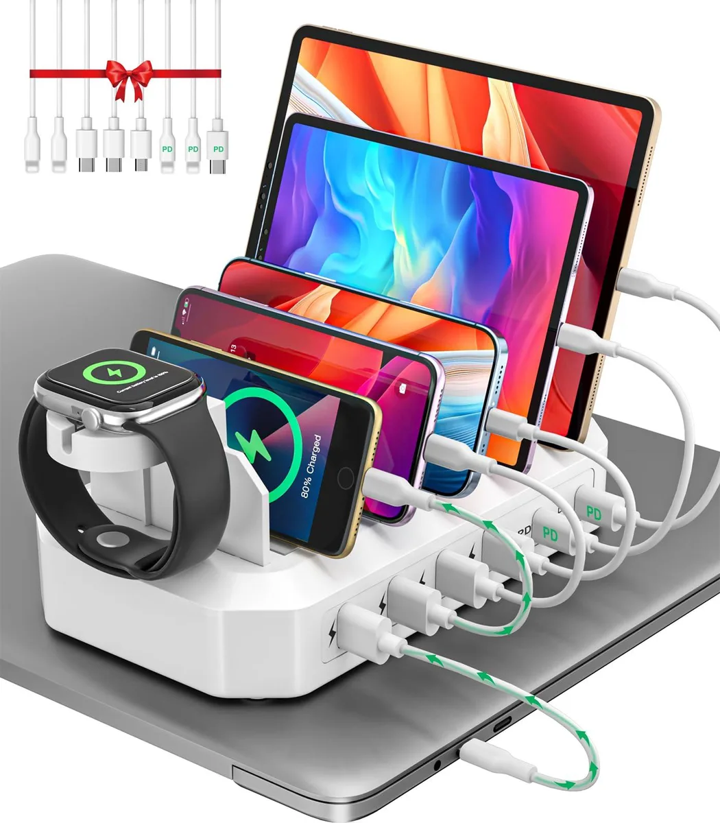  HSicily 95W 6-Port USB Charging Station White 8 Cables — product photo