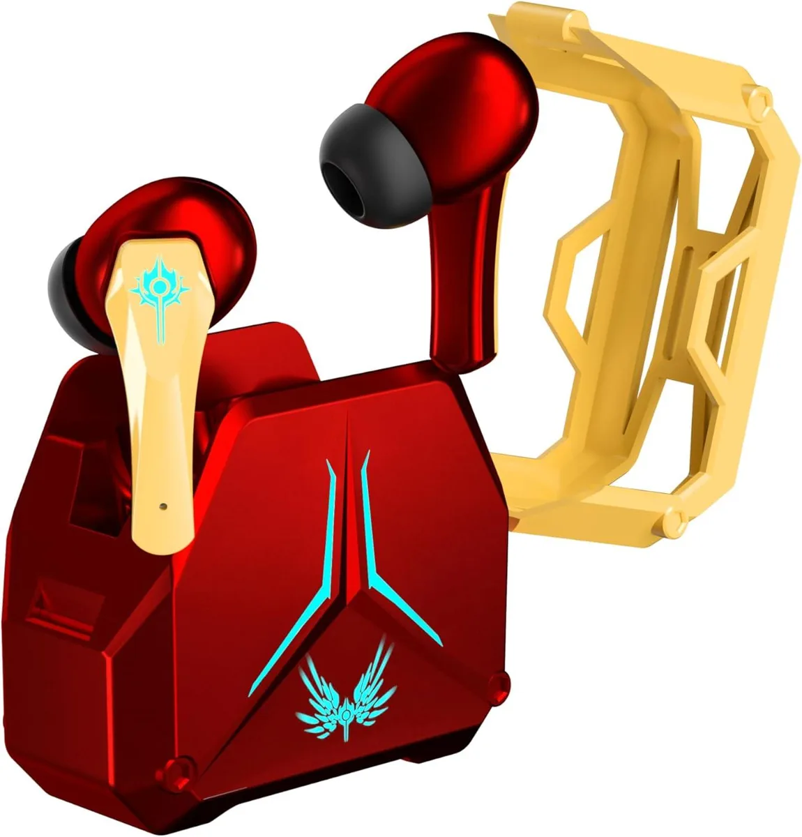 Red true wireless earbuds in charging case