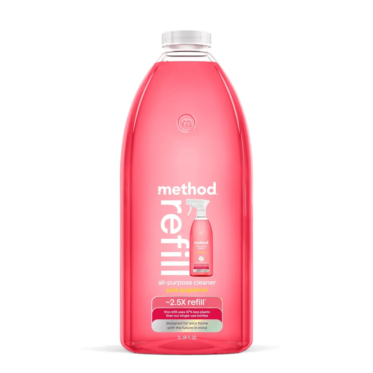 White plastic refill bottle with pink grapefruit label, 68 fl oz
