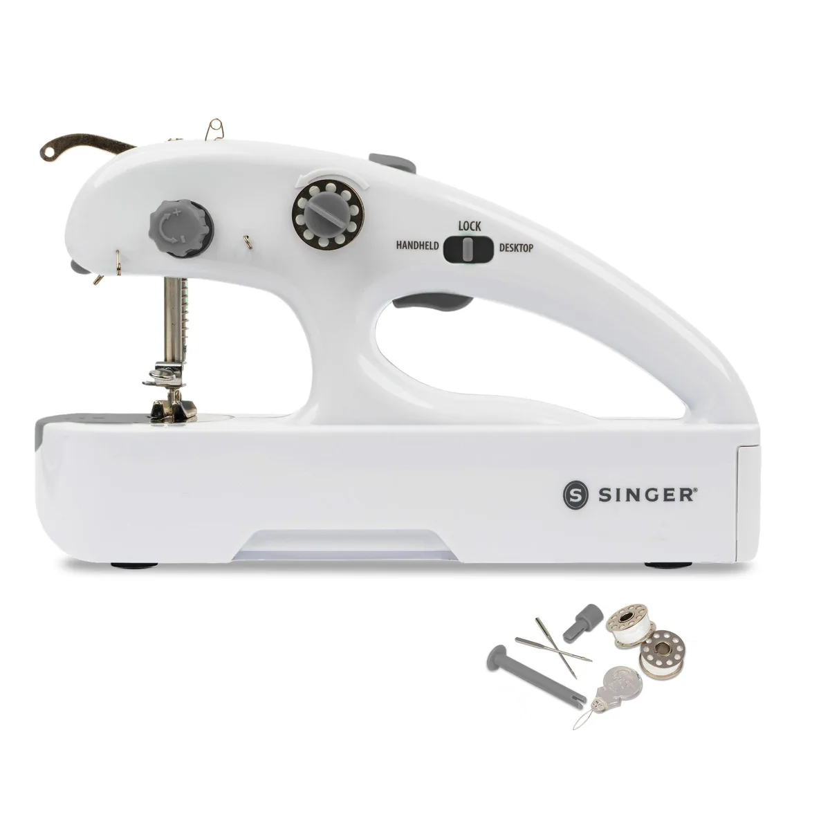 White cordless handheld sewing machine with accessories