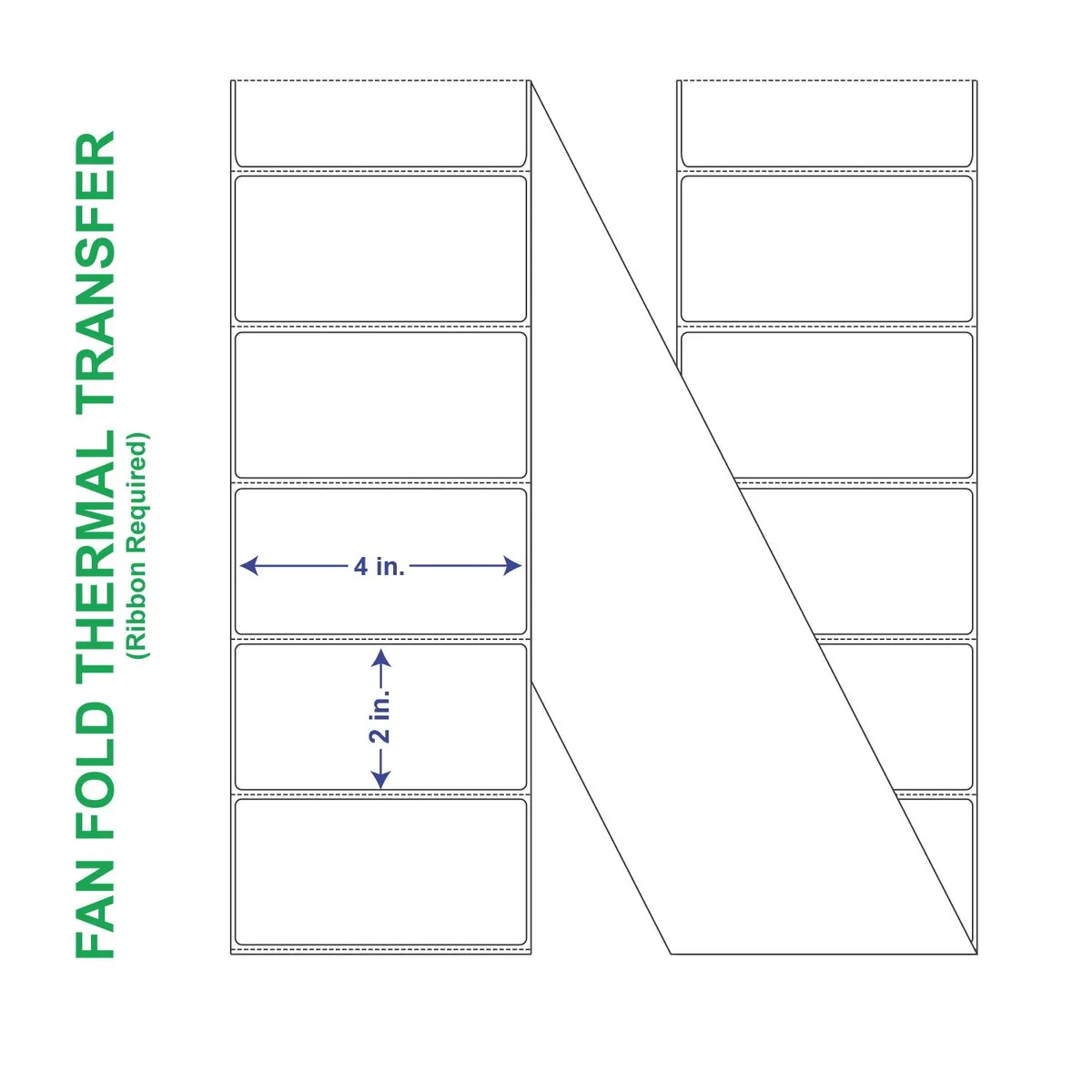 White rectangular fan-fold label stacks perforated every four inches two cartons side by side