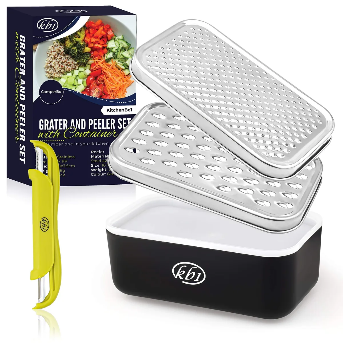 Stainless steel grater set with storage container, lid, and double-headed peeler