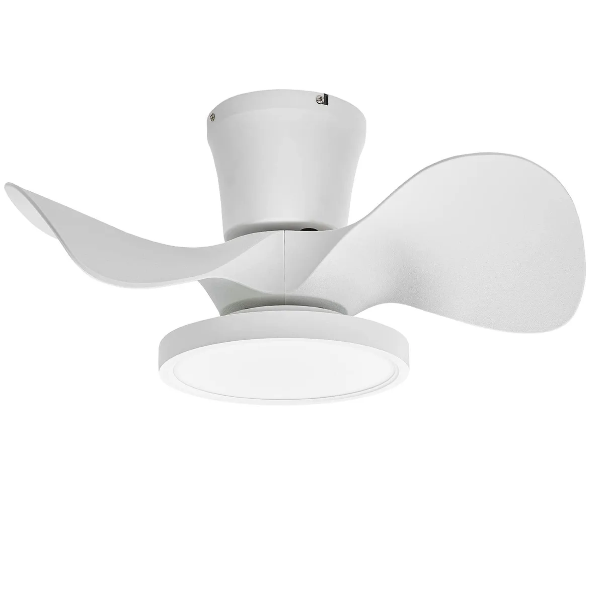 White 22 inch flush-mount ceiling fan with five black blades and integrated LED light kit