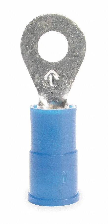 Blue nylon insulated ring terminal with tin-plated copper barrel and #8 stud hole