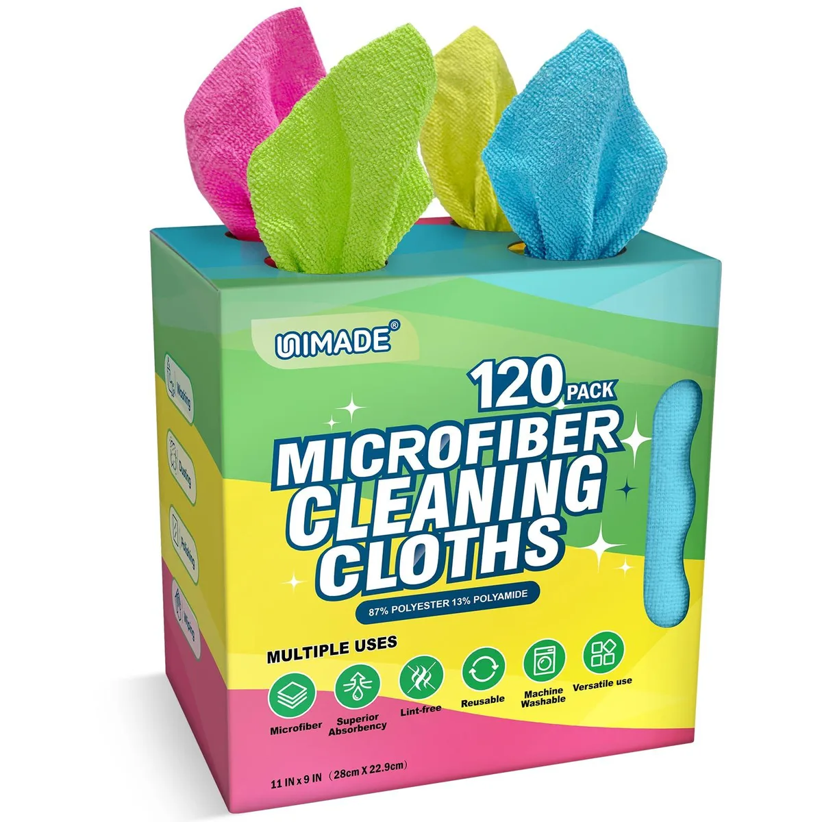 Stack of 120 blue microfiber cloths 11 x 9 in .2 in thick in dispenser box
