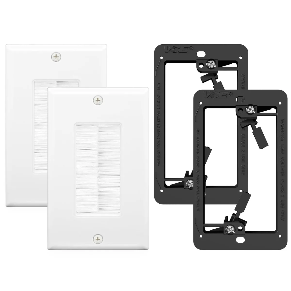 Two white rectangular brush switch plates with brackets