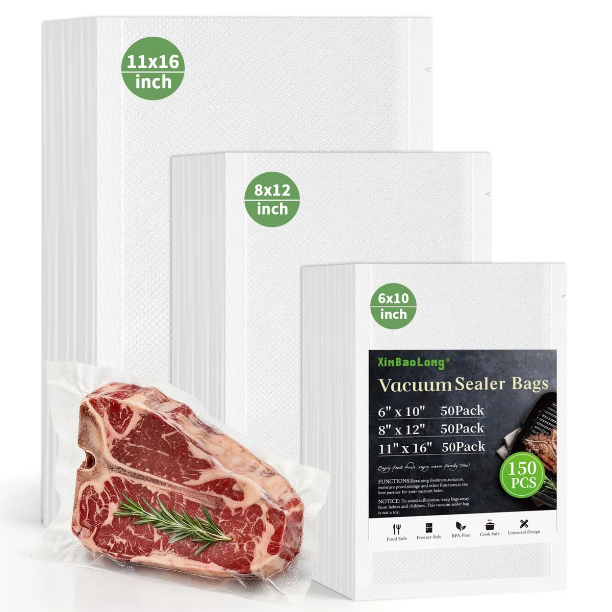  xinbaolong Vacuum Sealer Bags 150 pcs 11x16 8x12 6x10 — product photo