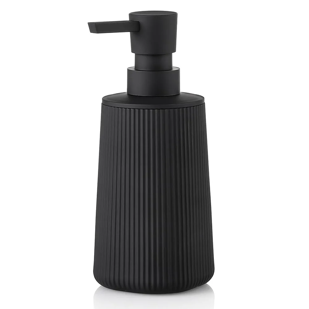 Matte black cylindrical soap dispenser with striped texture and pump head