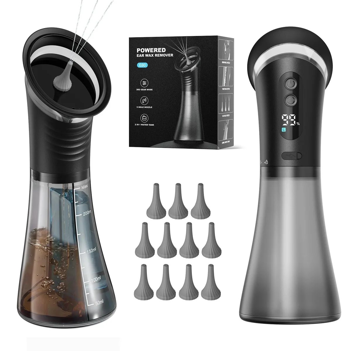 Grey ear wax removal kit with integrated waste tank and multiple nozzles