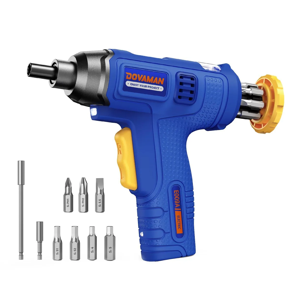 Compact cordless screwdriver with built-in bit storage and carry case
