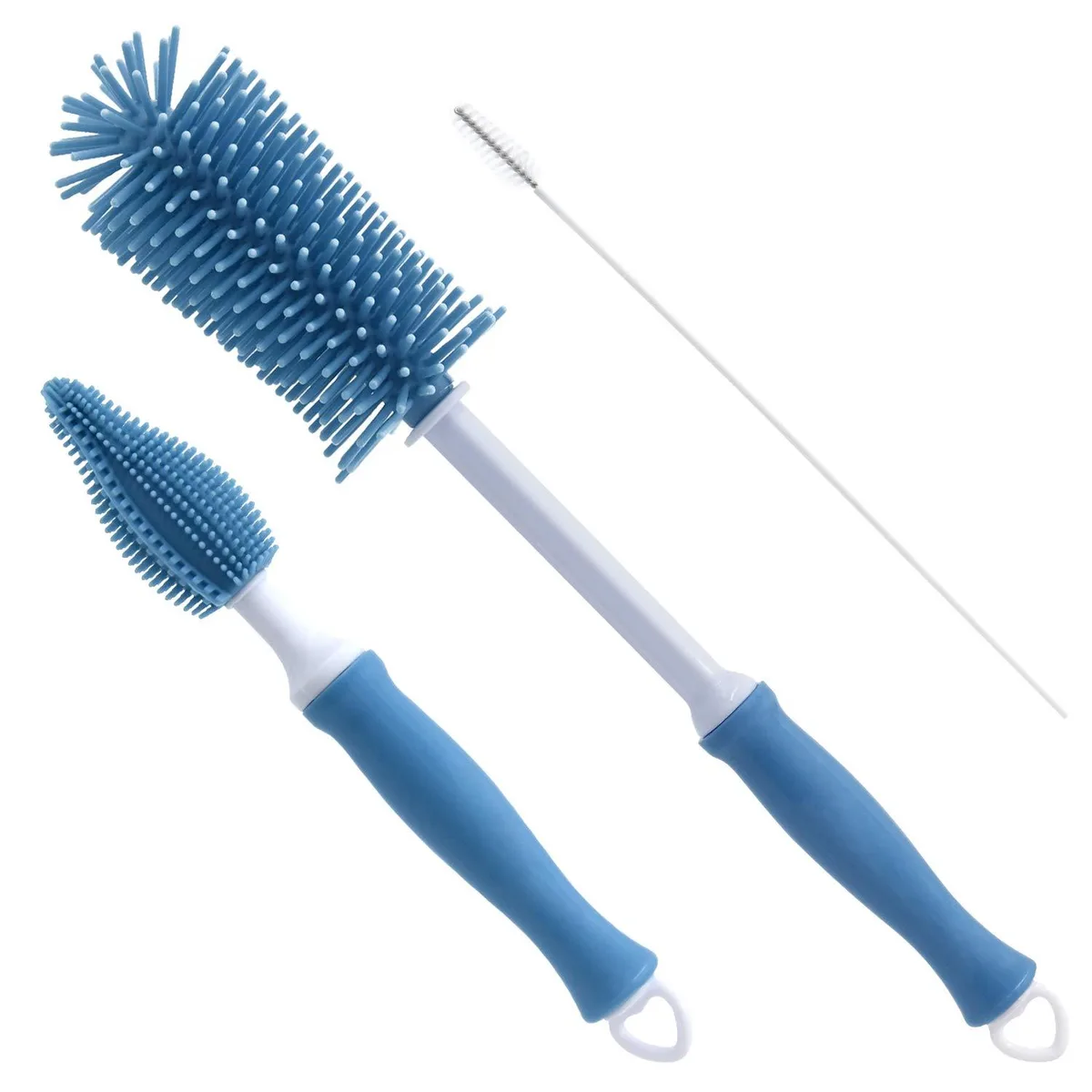 Three cleaning brushes, two silicone and one nylon, long handles, 12 inches