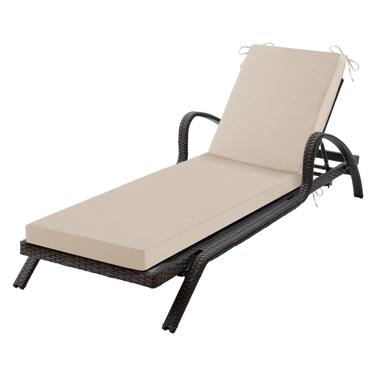 Navy blue rectangular chaise lounge cushion with piped edges and tie straps